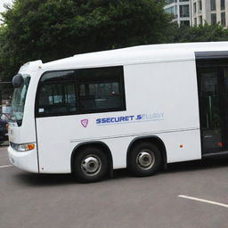 A glossy white coaster bus with the AMBRA Security Service logo prominently displayed on its side