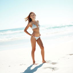 A young woman wearing a tiny bikini, standing confidently on a pristine sandy beach