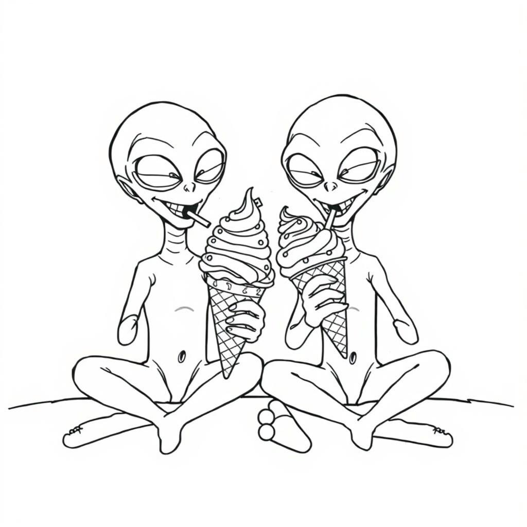 A surreal coloring page depicting two giant Martians sitting on the ground, each indulging in enormous, whimsical ice cream cones