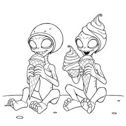 A surreal coloring page depicting two giant Martians sitting on the ground, each indulging in enormous, whimsical ice cream cones