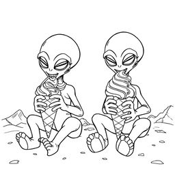 A surreal coloring page depicting two giant Martians sitting on the ground, each indulging in enormous, whimsical ice cream cones