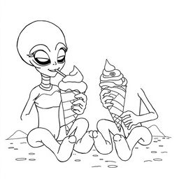 A surreal coloring page depicting two giant Martians sitting on the ground, each indulging in enormous, whimsical ice cream cones