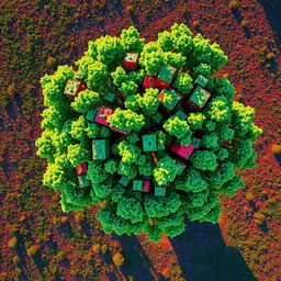 Aerial view of a tree captured in a pixelated art style, showcasing vivid colors and geometric shapes