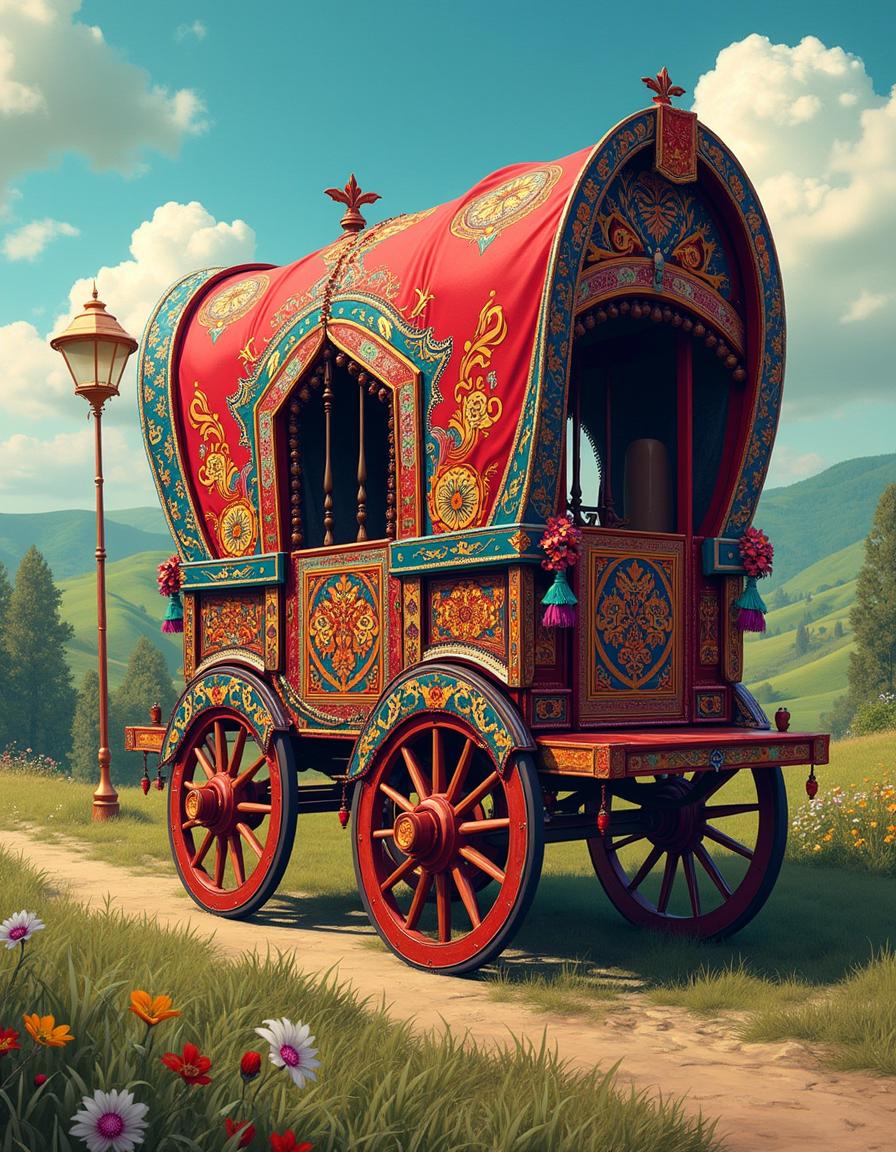 A vibrant and intricate depiction of gypsy caravan motifs featuring colorful floral patterns, elegant scrollwork, and detailed geometric designs