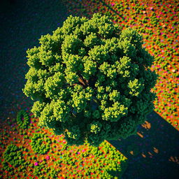 Aerial view of a tree captured in a pixelated art style, showcasing vivid colors and geometric shapes