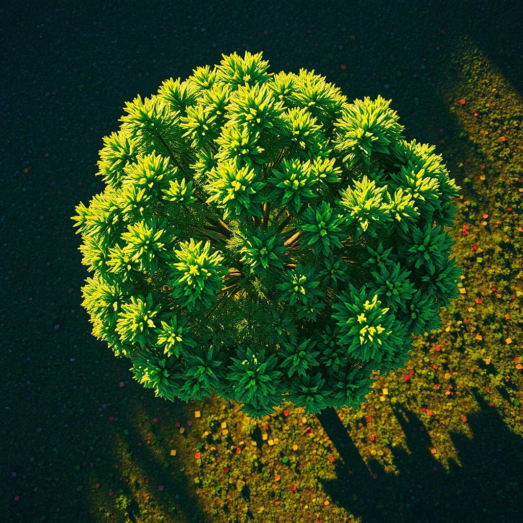 Aerial view of a tree captured in a pixelated art style, showcasing vivid colors and geometric shapes