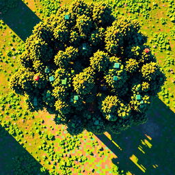 Aerial view of a tree captured in a pixelated art style, showcasing vivid colors and geometric shapes