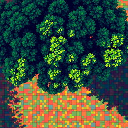 Top-down view of a tree captured in a pixelated art style, emphasizing bold colors and blocky shapes