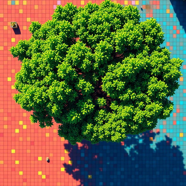 Top-down view of a tree captured in a pixelated art style, emphasizing bold colors and blocky shapes