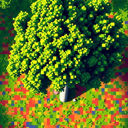 Top-down view of a tree captured in a pixelated art style, emphasizing bold colors and blocky shapes