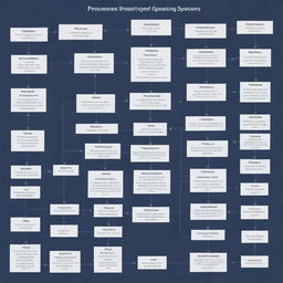 A detailed overview of processes in operating systems, visually represented with flowcharts, process diagrams, system layers and user interfaces.