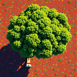 Top-down view of a tree captured in a pixelated art style, emphasizing bold colors and blocky shapes