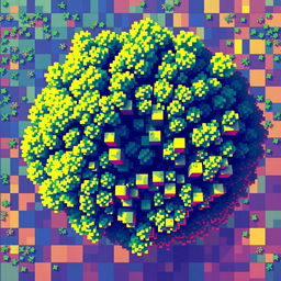 Top-down view of a tree rendered in pixelated art style, featuring vibrant colors and pixel block shapes