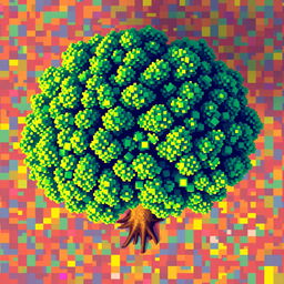 Top-down view of a tree rendered in pixelated art style, featuring vibrant colors and pixel block shapes