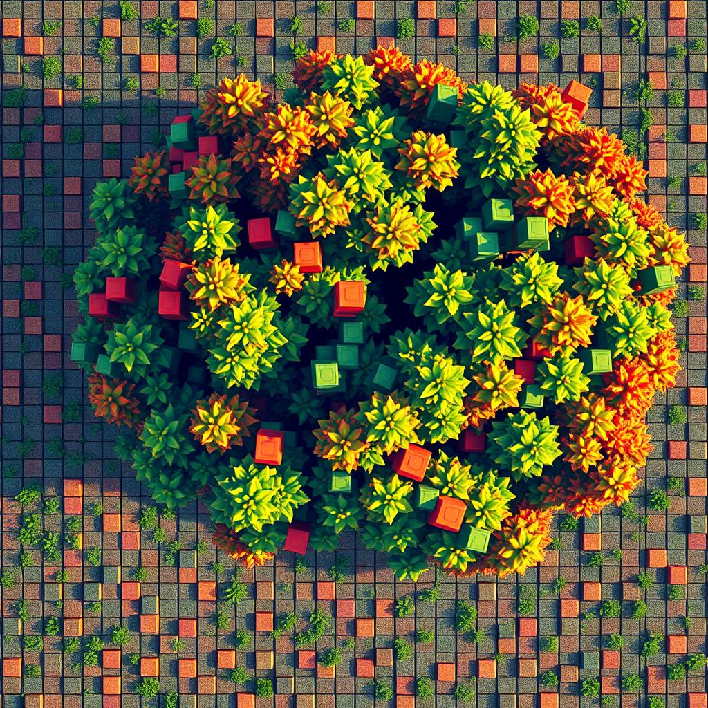 Top-down view of a tree rendered in pixelated art style, featuring vibrant colors and pixel block shapes