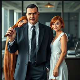 A powerful billionaire mafia man in an all-black suit, holding a smoking cigar in his right hand, stands prominently in a sophisticated office background