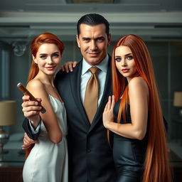 A powerful billionaire mafia man in an all-black suit, holding a smoking cigar in his right hand, stands prominently in a sophisticated office background