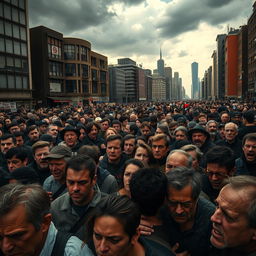 A dramatic image depicting a thousand reasons to hate, showing a diverse crowd of 500 strangers in an urban setting, their faces filled with visible emotions of anger and frustration