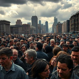 A dramatic image depicting a thousand reasons to hate, showing a diverse crowd of 500 strangers in an urban setting, their faces filled with visible emotions of anger and frustration