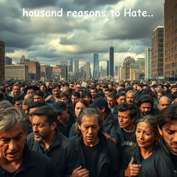 A dramatic image depicting a thousand reasons to hate, showing a diverse crowd of 500 strangers in an urban setting, their faces filled with visible emotions of anger and frustration