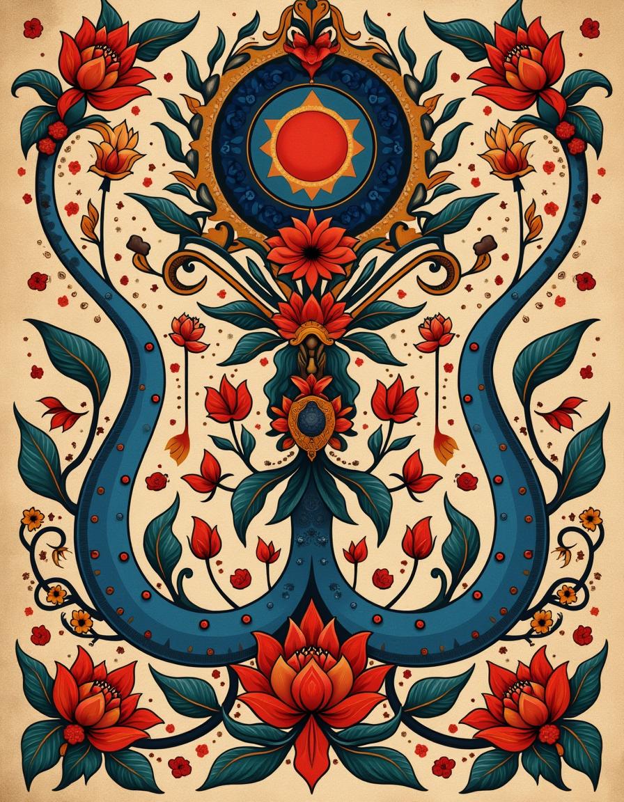 An intricate and vibrant illustration showcasing classic gypsy motifs, rich in traditional Romani cultural elements