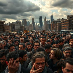 A dramatic image depicting a thousand reasons to hate, showing a diverse crowd of 500 strangers in an urban setting, their faces filled with visible emotions of anger and frustration