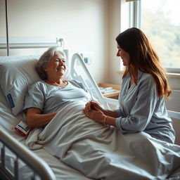 A hospital room with a fully clothed woman laying in a hospital bed, her daughter sitting beside her holding her hand