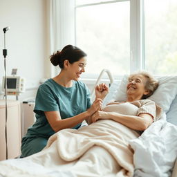 A hospital room with a fully clothed woman laying in a hospital bed, her daughter sitting beside her holding her hand