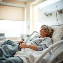 A hospital room with a fully clothed woman laying in a hospital bed, her daughter sitting beside her holding her hand