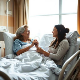 A hospital room with a fully clothed woman laying in a hospital bed, her daughter sitting beside her holding her hand