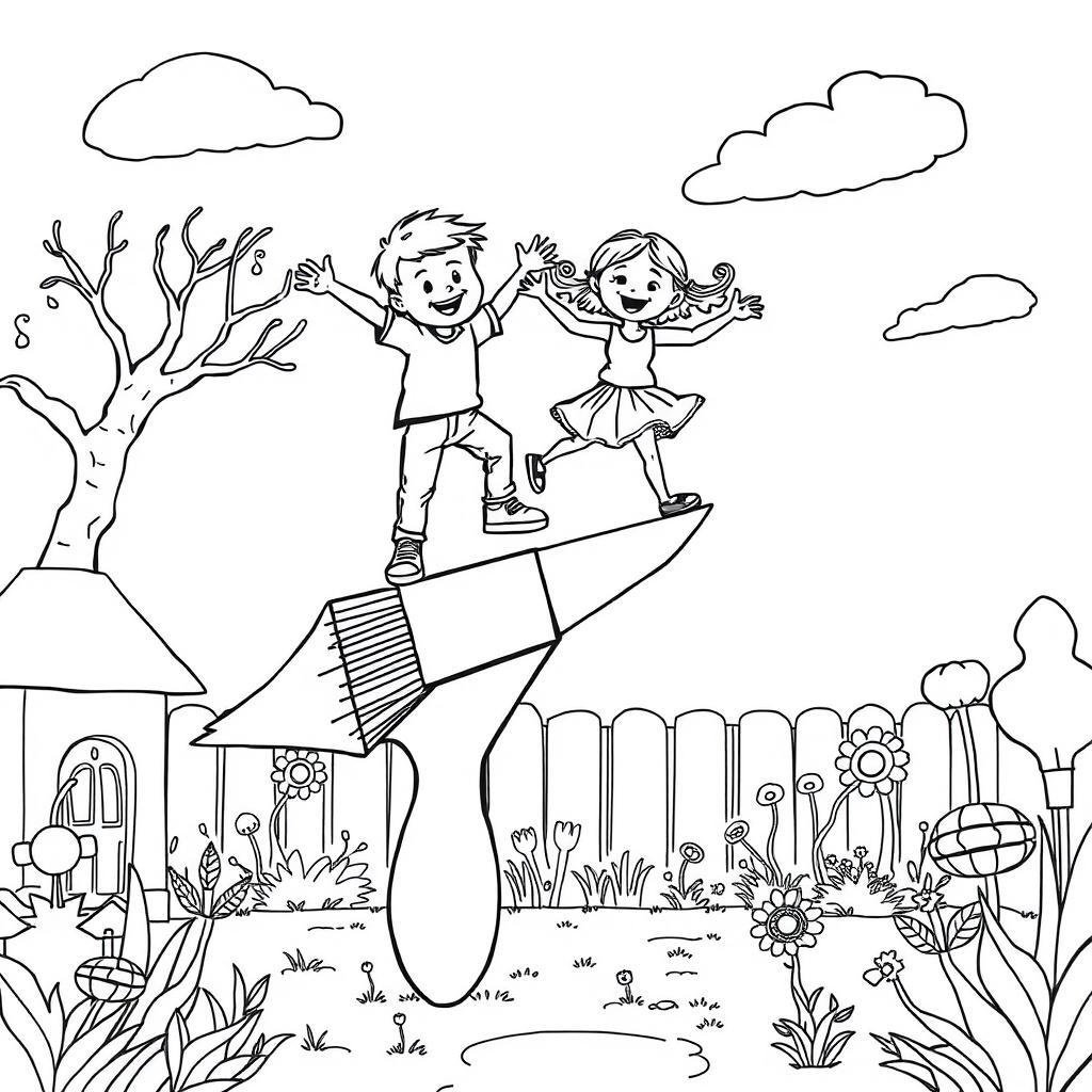 A surreal coloring page featuring a boy and a girl skillfully balancing on a giant paint brush set in a whimsical backyard