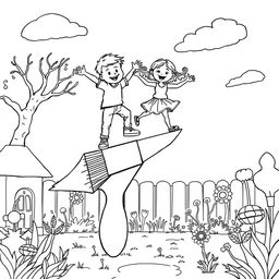 A surreal coloring page featuring a boy and a girl skillfully balancing on a giant paint brush set in a whimsical backyard