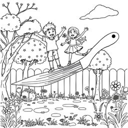 A surreal coloring page featuring a boy and a girl skillfully balancing on a giant paint brush set in a whimsical backyard