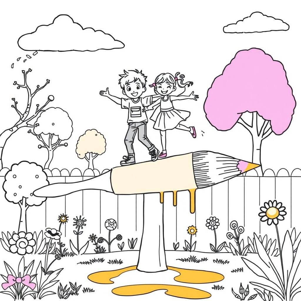 A surreal coloring page featuring a boy and a girl skillfully balancing on a giant paint brush set in a whimsical backyard