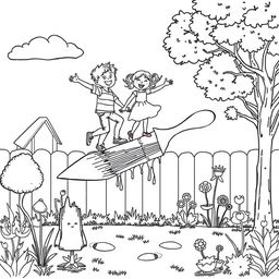 A surreal coloring page featuring a boy and a girl skillfully balancing on a giant paint brush set in a whimsical backyard