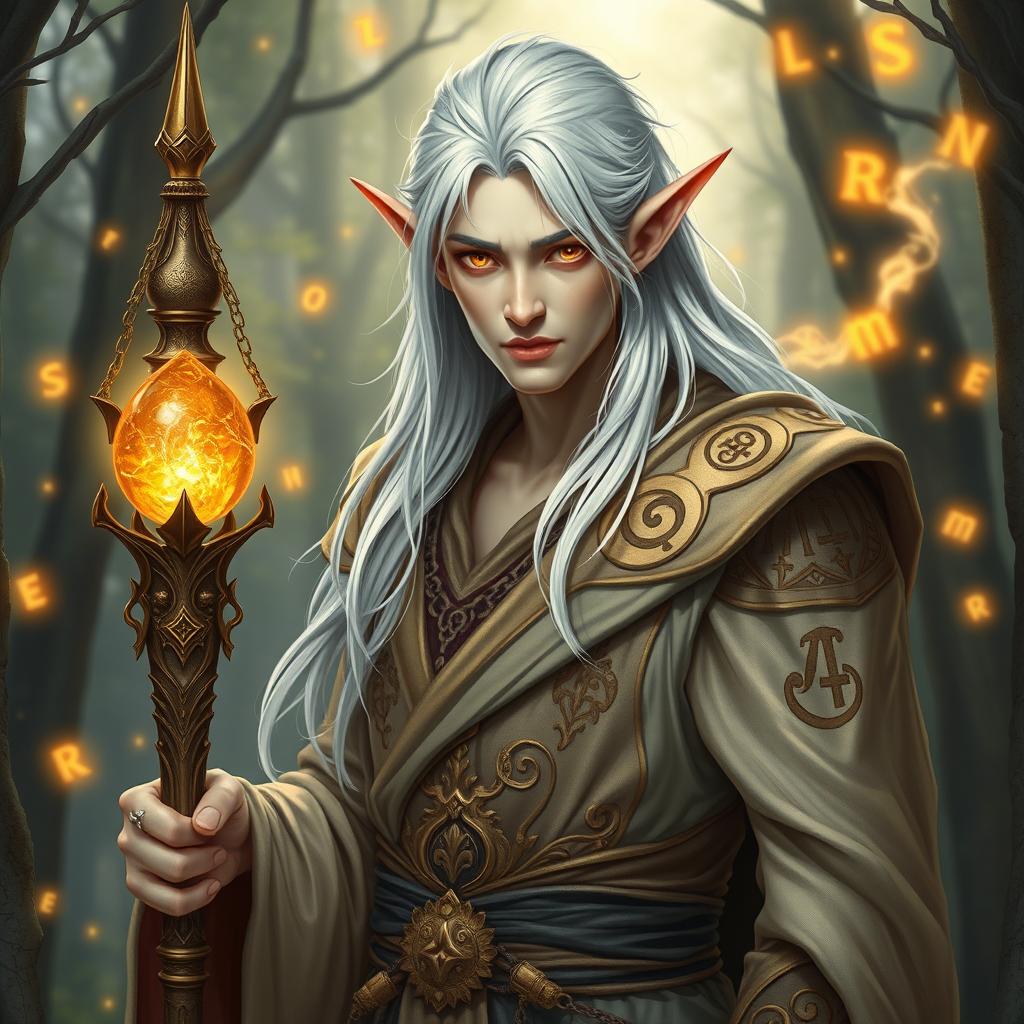 A majestic sorcerer elf with silver-white hair and pale skin that has a subtle golden hue