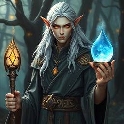 A majestic sorcerer elf with silver-white hair and pale skin that has a subtle golden hue