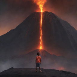 A small brave boy with a dark complexion, standing at the edge of a towering, active volcano, gazing into the fiery abyss with a look of wonder and astonishment.