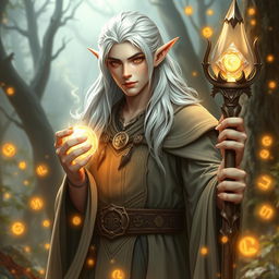 A majestic sorcerer elf with silver-white hair and pale skin that has a subtle golden hue