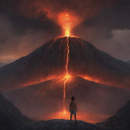 A small brave boy with a dark complexion, standing at the edge of a towering, active volcano, gazing into the fiery abyss with a look of wonder and astonishment.