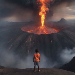 A small brave boy with a dark complexion, standing at the edge of a towering, active volcano, gazing into the fiery abyss with a look of wonder and astonishment.