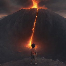 A small brave boy with a dark complexion, standing at the edge of a towering, active volcano, gazing into the fiery abyss with a look of wonder and astonishment.