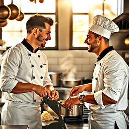 A heartwarming scene of two male chefs, kitchen filled with savory aromas, as they exchange loving glances and tenderly smile at each other