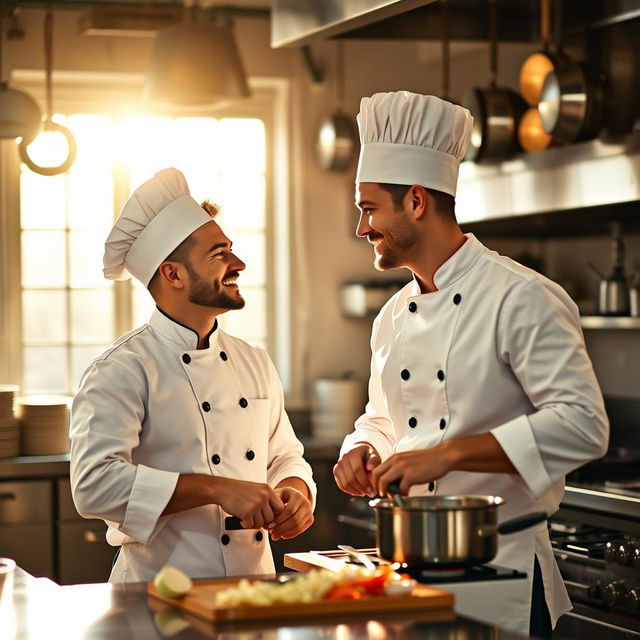 A heartwarming scene of two male chefs, kitchen filled with savory aromas, as they exchange loving glances and tenderly smile at each other