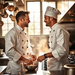 A heartwarming scene of two male chefs, kitchen filled with savory aromas, as they exchange loving glances and tenderly smile at each other