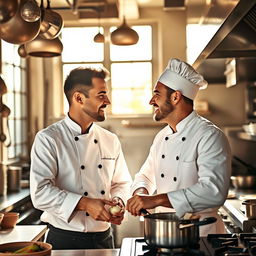 A heartwarming scene of two male chefs, kitchen filled with savory aromas, as they exchange loving glances and tenderly smile at each other