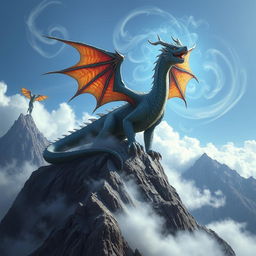 majestic dragon perched atop a rugged mountain peak, its scales glistening in the sunlight, surrounded by swirling clouds; a magical aura emanates from the dragon, suggesting a powerful draconic bloodline; vibrant dragon wings spread wide, showcasing their intricate patterns