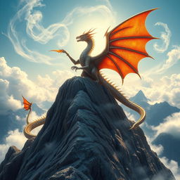 majestic dragon perched atop a rugged mountain peak, its scales glistening in the sunlight, surrounded by swirling clouds; a magical aura emanates from the dragon, suggesting a powerful draconic bloodline; vibrant dragon wings spread wide, showcasing their intricate patterns