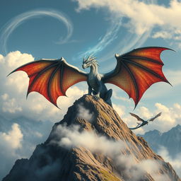 majestic dragon perched atop a rugged mountain peak, its scales glistening in the sunlight, surrounded by swirling clouds; a magical aura emanates from the dragon, suggesting a powerful draconic bloodline; vibrant dragon wings spread wide, showcasing their intricate patterns