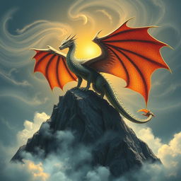 majestic dragon perched atop a rugged mountain peak, its scales glistening in the sunlight, surrounded by swirling clouds; a magical aura emanates from the dragon, suggesting a powerful draconic bloodline; vibrant dragon wings spread wide, showcasing their intricate patterns